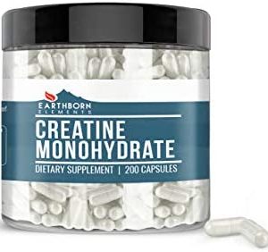 Earthborn Elements Creatine Monohydrate 200 Capsules, Pure & Undiluted, No Additives