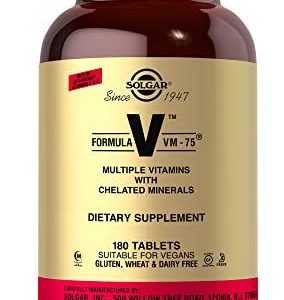 Solgar Formula VM-75 - Multivitamin with Chelated Minerals - Vitamin A, B6, B12, C, D, E - Biotin, Magnesium, Calcium, Iron, Zinc - Vegan Gluten Free Dairy Free - 180 Count (Pack of 1), Cream