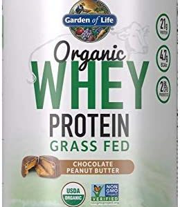 Garden of Life Certified Organic 21g California Grass Fed Whey Protein Powder - Chocolate Peanut Butter - 12 Servings, Probiotics, Gluten, RBST and rBGH Free, 13.75 Oz