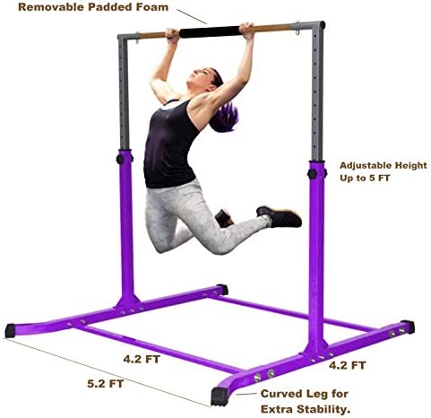 Pro-Gymnastics Gymnastics Kip Bar Horizontal Bar Professional Junior Gymnastic Training High Bar Asymmetric Bar 13 Level Height Adjustable Expandable 3 to 5 FT Cushioned Bar & Curved Legs (Purple) - Image 2