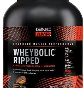 GNC AMP Wheybolic Ripped | Targeted Muscle Building and Workout Support Formula | Pure Whey Protein Powder Isolate with BCAA | Gluten Free | 22 Servings | Chocolate Peanut Butter