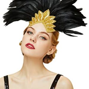 BABEYOND Carnival Feather Headpiece Showgirl Headband Women's Feather Pageant Headband 1920s Flapper Headband (Gold Crystal)