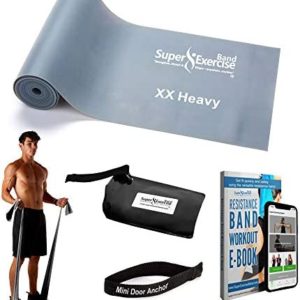 7 Ft. Long Resistance Band with Carry Pouch and Resistance Band Door Anchor, Latex-Free, Includes Home Workout App and Ebook, Choose Light, Medium or Heavy Strength - Super Exercise Band