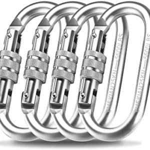 EMEKIAN Oval Indoor Outdoor Climbing Carabiner, Screw Locking Heavy Duty Safety Caribeener Clips, 25 KN (5600 LBS) for Hammock, Rope, Hiking, Camping