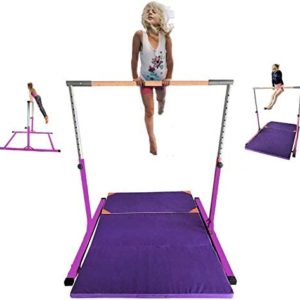Kids Expandable Kip Bar with Tumble Mat Professional Pink Horizontal Gymnastics Asymmetric Bar 4x8 FT Mat Jungle Gym Height Adjustable 3 to 5 FT Purple Mat