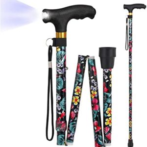 JUNRA Walking Cane with LED Light, Folding Cane for Women and Men, Portable Foldable Cane, Collapsible Aluminium Cane, Lightweight and Adjustable Walking Sticks for Seniors Balance