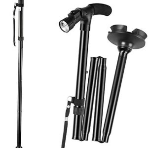 TigerBoss Foldable Ergonomic Walking Cane Crutch for Men & Women, with LED Light, Collapsible Lightweight Adjustable Aluminum Portable Hand Walking Stick with T Handles - Great Balancing Mobility Aid