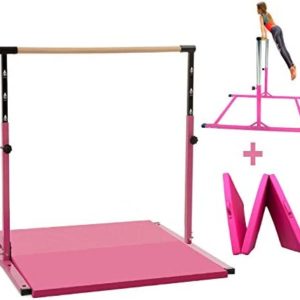 Athletic Bar Gymnastics Kip Bar Horizontal Bar + 4x6 Tumble Mat Professional Junior Gymnastic Training High Bar Asymmetric Bar 13 Level Height Adjustable Expandable 3 to 5 FT Indoor Outdoor Use (Pink)