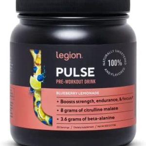 Legion Pulse Pre Workout Supplement - All Natural Nitric Oxide Preworkout Drink to Boost Energy, Creatine Free, Naturally Sweetened, Beta Alanine, Citrulline, Alpha GPC (Blueberry Lemonade) 20 Serving