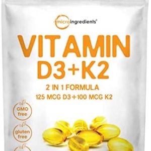 Vitamin D3 5000IU Plus K2, 2 in 1 Formula, Vitamin D3 with MK7 Vitamin K2, 300 Soft-Gels, Immune Vitamin Complex with Virgin Sunflower Seed Oil, Support Heart, Teeth & Joint Health, Easy to Swallow