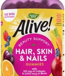 Nature's Way Alive! Hair, Skin & Nails Gummies, with Biotin and Collagen, Beauty Support*, 60 Strawberry Flavored Gummies