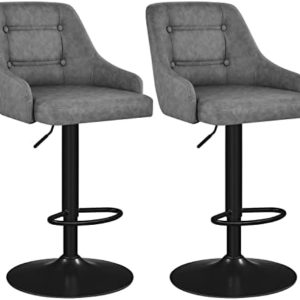Yaheetech Bar Stools Set of 2 Height Adjustable Swivel Counter Height Bar Stool Kitchen Island Stool PU Leather Bar Chairs with Padded Back Light Gray
