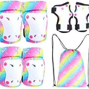 Knee Pads for Kids Elbow Padds Wrist Guards with Drastring Bag Adjustable Protective Gear Set for Girls Boys 3-8 Years Roller Skating Bike