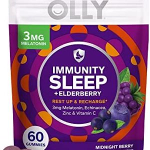 OLLY Immunity Sleep Gummy, Immune and Sleep Support, 3mg Melatonin, Echinacea, Zinc, Vitamin C, Chewable Supplement, Berry - 60 Count