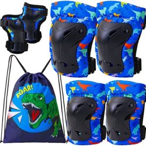FIODAY Knee Pads for Kids Youth Dinosaur Knee Elbow Pads Wrist Guards with Drawstring Bag Adjustable 7 in 1 Protective Gear Set for Boys Inline Skating Bike Cycling Skateboard Scooter