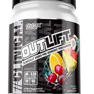Nutrex Research Outlift Clinically Dosed Pre Workout Powder | Energy, Pumps, Citrulline, BCAA, Creatine, Beta-Alanine Preworkout Supplement for Men and Women | Miami VIce 20 Serving