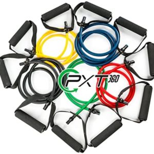 Resistance Bands with Handles by PXT360 | Complete Set of 5 Heavy Weights Exercise Tube Band from 5 to 50 pounds | Physical Therapy Recommended | Great for arms and Shoulders Workout and Strength