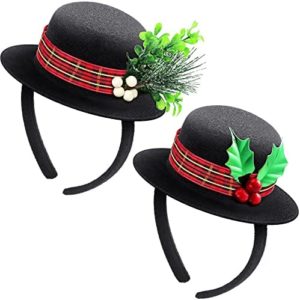 WILLBOND Christmas Headbands Mini Top Hat Headband 2 Pieces Christmas snowman Black Top Hat Headband Child Christmas Mistletoe Costume Headband with Plaid Band Holly and Berries for Holiday Craft