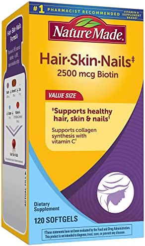 Nature Made Hair Skin and Nails with Biotin 2500 mcg, Dietary Supplement For Healthy Hair Skin and Nails Support, 120 Softgels, 120 Day Supply