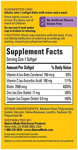 Nature Made Hair Skin and Nails with Biotin 2500 mcg, Dietary Supplement For Healthy Hair Skin and Nails Support, 120 Softgels, 120 Day Supply - Image 6