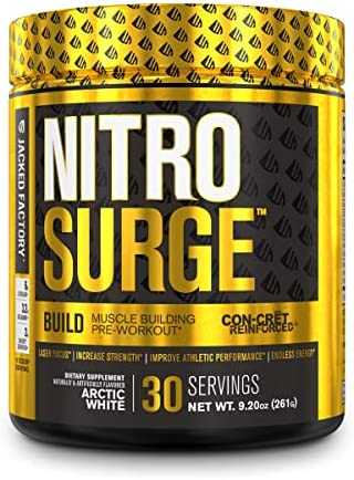 Nitrosurge Build Muscle Building Pre Workout with Creatine - Con Cret Creatine Pre Workout Powder & elevATP for Intense Energy, Powerful Pumps, & Endless Endurance - 30 Servings, Arctic White