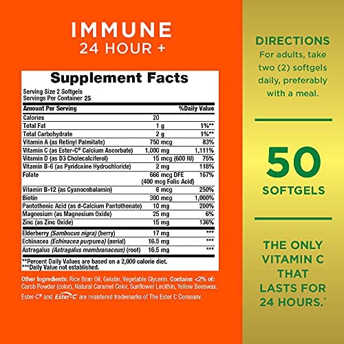 Nature's Bounty Immune 24 Hour +, The only Vitamin C with 24 Hour Immune Support from Ester C, Rapid Release Softgels, 50 Count - Image 2