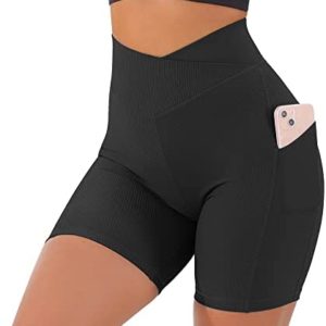RXRXCOCO Women's Ribbed Cross Waist Workout Short with Pockets 5" High Waisted Booty Biker Short