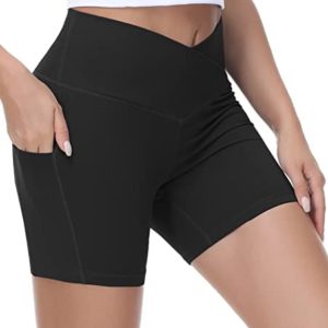 Women's Cross Waist Workout Shorts Tummy Control Spandex Athletic Biker Shorts with Deep Pockets