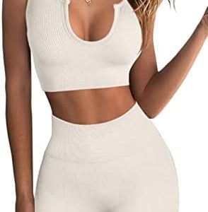 QINSEN Workout Outfits for Women 2 Piece Ribbed Seamless Crop Tank High Waist Yoga Leggings Sets