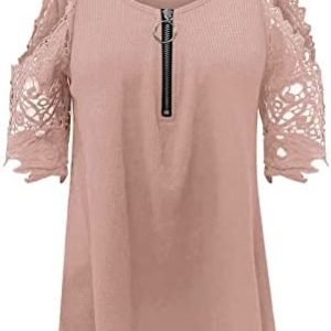 Womens Tops Casual Dressy Cold Shoulder Short Sleeve Zip Up V Neck Spaghetti Straps Tunic Summer T Shirt Blouse