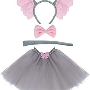 Dxhycc Grey Elephant Costume Set Elephant Ears Headband Bow Tie Tail Tutu Skirt Animal Fancy Costume Kit Halloween Cosplay Party Accessories for Kids