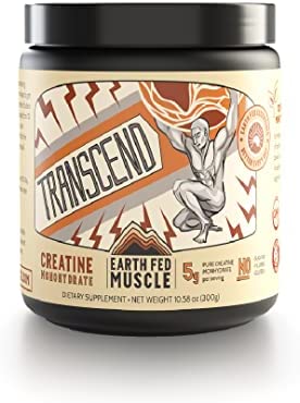 Earth Fed Muscle Transcend Creatine Monohydrate - 100% German Creapure, Muscle Recovery, Muscle Building, Cellular Energy Production - Gluten Free, Soy Free - Unflavored 5g per Serving, 60 Servings