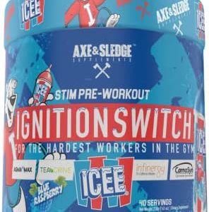 Ignition Switch Pre-Workout with CarnoSyn, TeaCrine, Infinergy, and AgmaMax, Long Lasting Energy, Laser Focus, Increased Pumps, Enhanced Performance, 40 Servings, ICEE Blue Raspberry