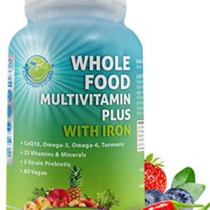 Whole Food Multivitamin Plus with Iron, Daily Vegan Multivitamin for Women and Men, Organic Fruits & Vegetables, B-Complex, Probiotics, Enzymes, CoQ10, Omegas, Turmeric, All Natural, Non-GMO, 90 Count