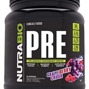 NutraBio PRE Workout Powder - Sustained Energy, Mental Focus, Endurance - Clinically Dosed Formula - Beta Alanine, Creatine, Caffeine, Electrolytes - 20 Servings - Grape Berry Crush