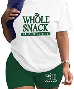 Molilove Women Two Piece Outfits Short Sleeve Top Short Pants Casual Printed Tracksuit Two-Piece Set