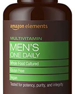 Amazon Elements Men’s One Daily Multivitamin, 62% Whole Food Cultured, Vegan, 65 Tablets, 2 month supply (Packaging may vary)
