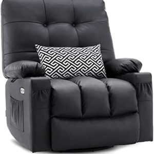 MCombo Large Power Swivel Glider Rocker Recliner Chair with Massage and Heat for Nursery and USB Ports, Cup Holders and Pockets, Faux Leather 7748 (Black, Large)