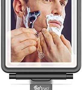 Beltruci Large Shower Mirror Fogless for Shaving with LED Lights, Razor Holder Hooks, Storage Shelf for Bathroom Accessories, Squeegee, Wall Mounted, Swivel Rotation, Splash Proof (Black)