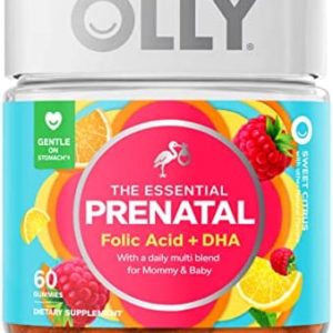 Olly The Essential Prenatal Gummy Multivitamin, 30 Day Supply ( Gummies), Sweet, Folic Acid, Vitamin D, Omega 3 DHA, Chewable Supplement, White Citrus, 60 Count (Pack of 1)