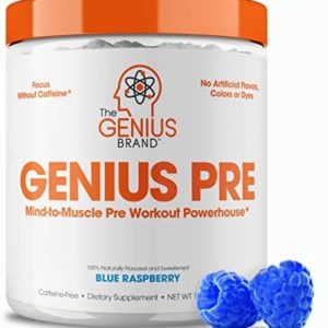 Genius Pre Workout Powder, Blue Raspberry - All-Natural Nootropic Pre-workout & Caffeine-Free Nitric Oxide Booster Supplement with Beta Alanine & Alpha GPC - No Artificial Flavors, Sweeteners, or Dyes