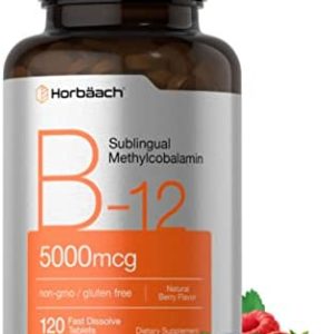 B12 Sublingual Methylcobalamin | 5000mcg | 120 Fast Dissolve Tablets | Vegetarian, Non-GMO and Gluten Free Supplement | by Horbaach