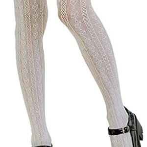 ujeer Lolita Fishnet Thigh High Socks Heart Striped Lace Patterned Ruffled Over Knee Long Stockings, Medium, 6EE707082-W-1_GWX0929