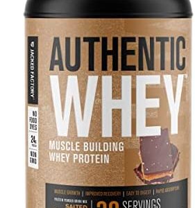 Jacked Factory Authentic Whey Muscle Building Whey Protein Powder - Low Carb, Non-GMO, No Fillers, Mixes Perfectly - Delicious Salted Chocolate Caramel Flavor - 2LB Tub