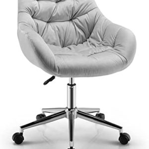 Giantex Velvet Leisure Armchair, Height-Adjustable Home Office Swivel Chair w/Rolling Casters, Ergonomic Mid Back Accent Chair w/Upholstered Seat & Tufted Surface for Bedroom, Vanity, Study (Grey)