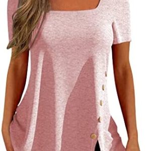 Summer Tops for Women Side Slit Tees Short Sleeve Square Neck Shirts Loose Casual Blouses with Side Buttons