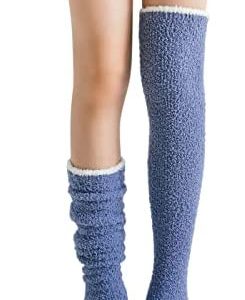 Comfortable Socks Women's Fuzzy Thigh-High Stockings Winter Warm Over Knee Over Knee High Long Socks Fluffy Fleece (Blue, One Size)