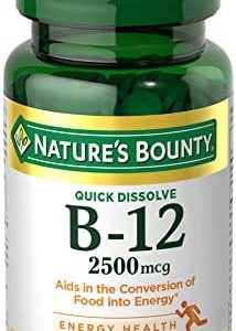 Nature’s Bounty Vitamin B12 2500 mcg, Cellular Energy Support, For Energy Metabolism, Heart & Nervous System Health, 75 Quick Dissolve Tablets