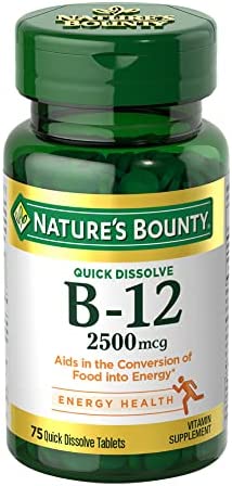 Nature’s Bounty Vitamin B12 2500 mcg, Cellular Energy Support, For Energy Metabolism, Heart & Nervous System Health, 75 Quick Dissolve Tablets