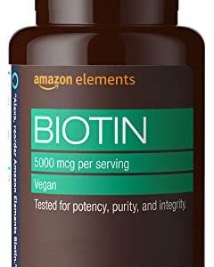 Amazon Elements Vegan Biotin 5000 mcg - Hair, Skin, Nails - 130 Capsules (4 month supply) (Packaging may vary)